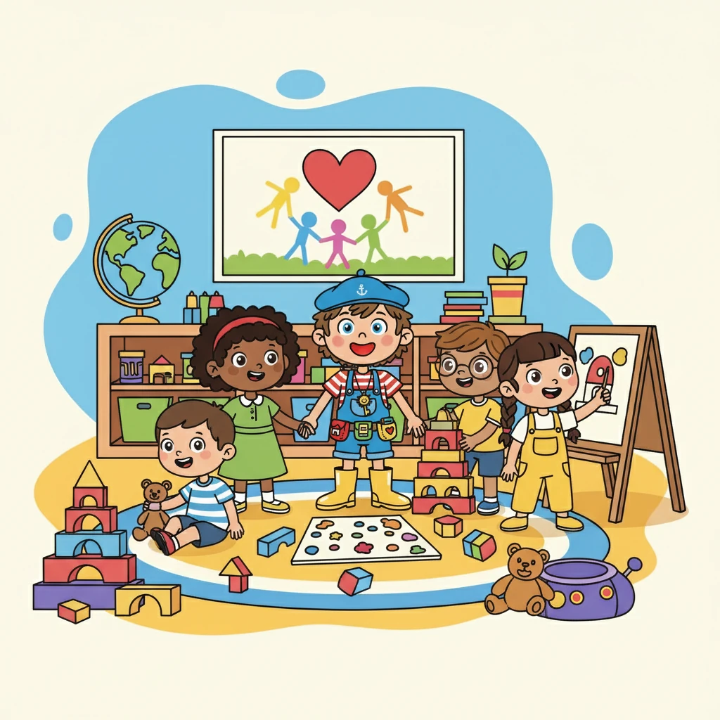 Dans la salle des jeux, des enfants de toutes origines jouaient ensemble. Léo apprit le droit à l'égalité et à la non-discrimination.