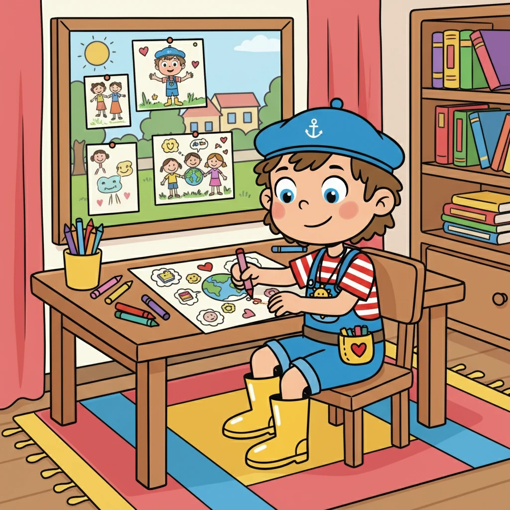 De retour chez lui, Léo dessina une affiche pour rappeler à tous l'importance des droits de l'enfant, prêt à partager ses nouvelles connaissances avec le monde.