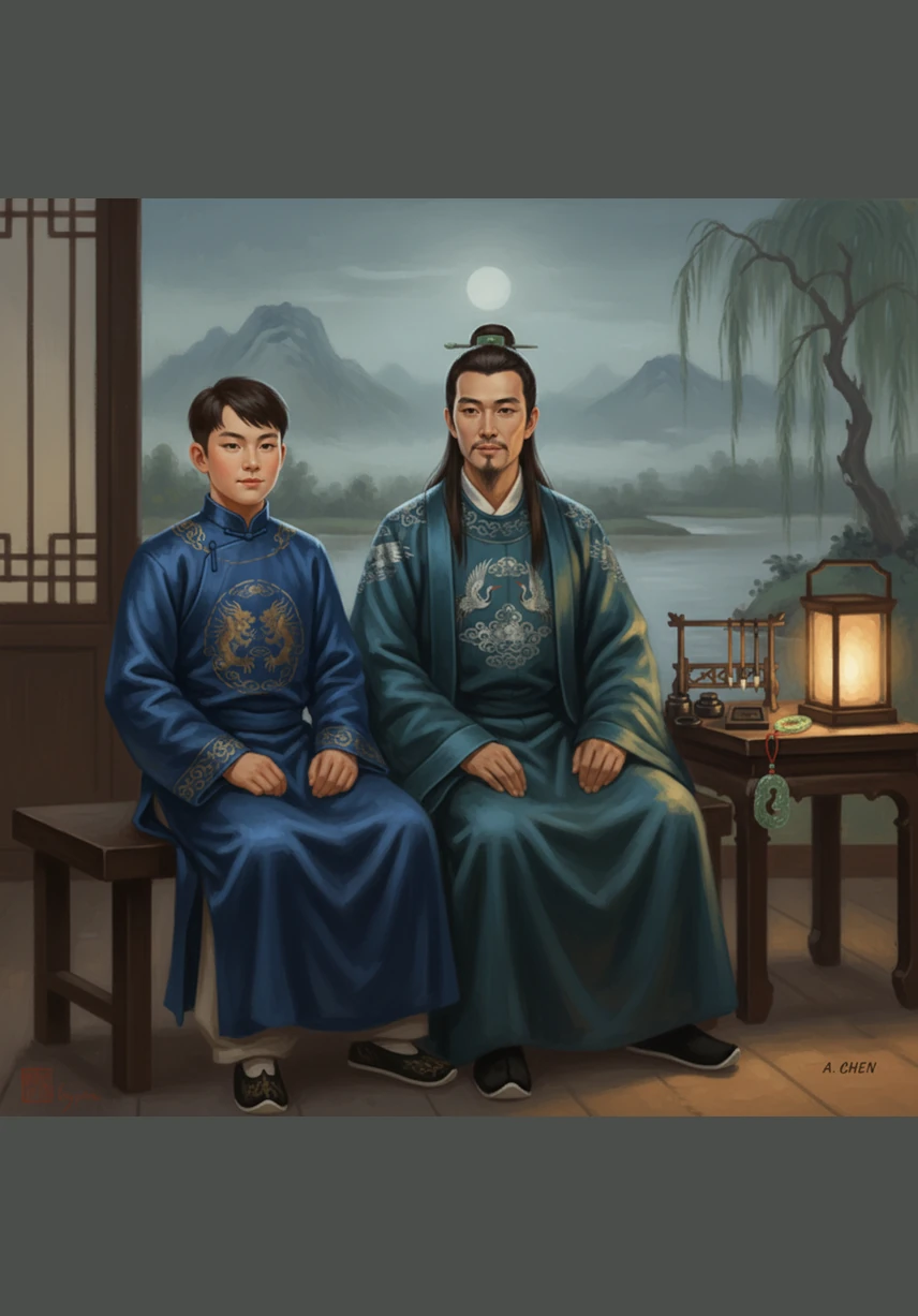 夜晚静悄悄的，圆圆的月亮挂在深蓝色的天空中。力缘和力德坐在窗边，静静地看着窗外美丽的景色，世界仿佛都睡着了。