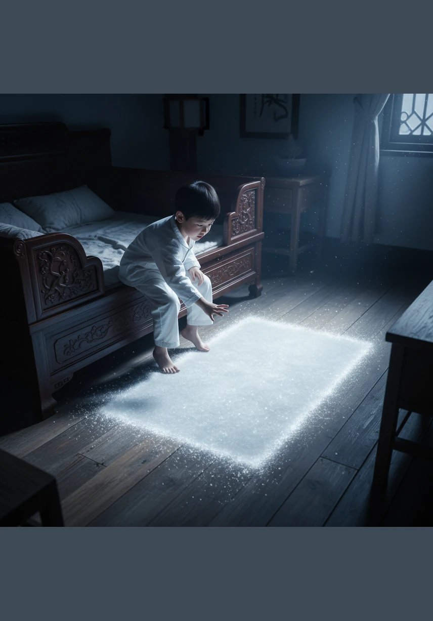 洁白的月光洒在床前的地面上，亮晶晶的。力缘好奇地摸了摸地板，觉得这月光就像冬天里薄薄的一层白霜，既清凉又温柔。