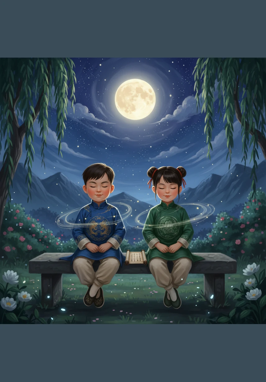 两个孩子闭上眼睛，感受着这宁静的夜晚。他们不仅学会了这首诗，还认识了那些带“心”的文字，学会了用“心”去感受世界的美好。