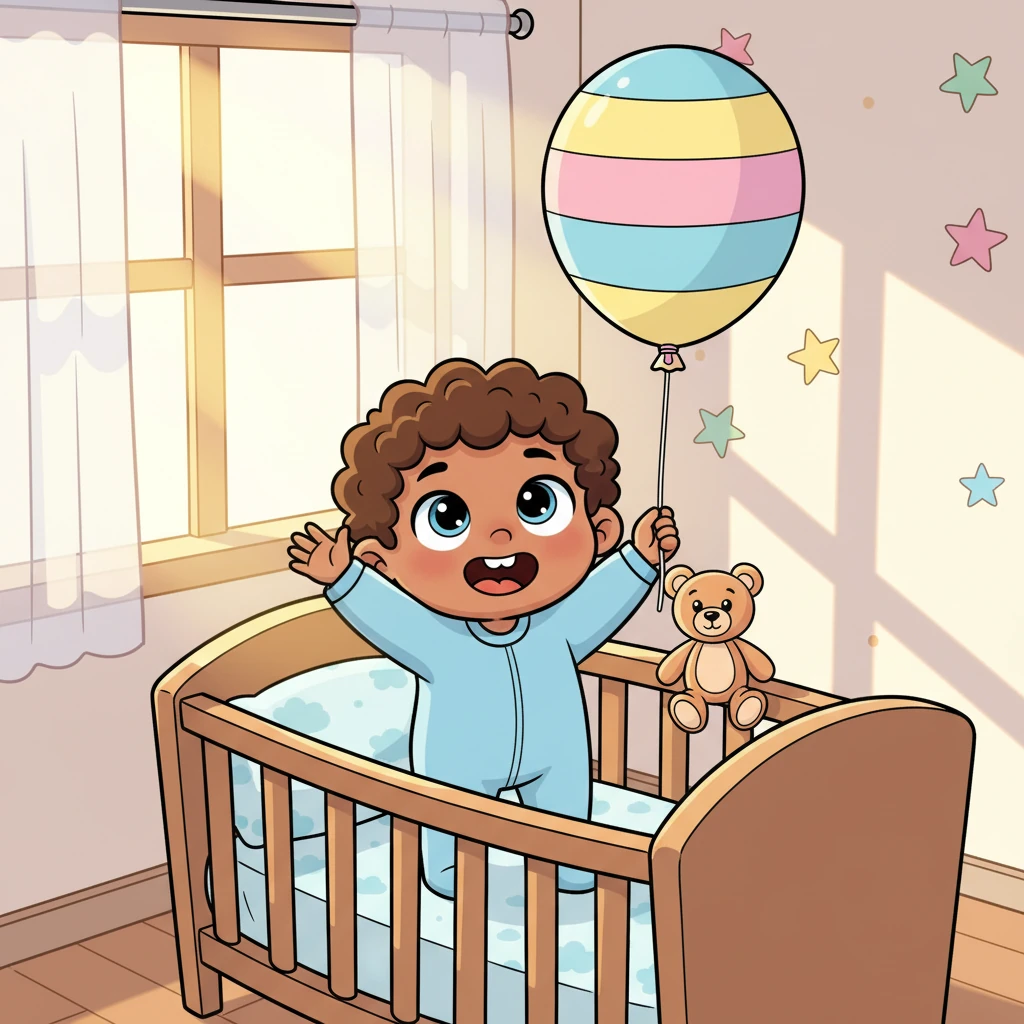 Nurislam wakes up in his cozy crib, a big, sleepy smile on his face. Bright sunshine streams through his window, hinting at a very special day. A colorful balloon gently floats above his bed, tied to a soft toy.