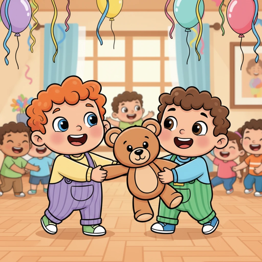 Next to arrive are Adam and Erik, giggling as they carry a big, soft stuffed animal together. The living room is now buzzing with happy baby sounds and joyful chatter. Colorful streamers and balloons decorate the room.