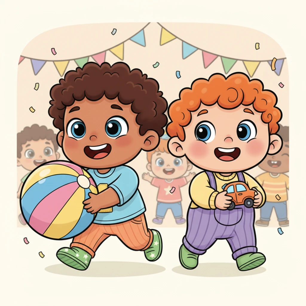 Usman, a lively four-year-old, rushes in with a bouncy ball, while sweet two-year-old Aiym follows, clutching a tiny toy car. They add more energy to the growing party, their smiles infectious. The room feels full of warmth and friendship.