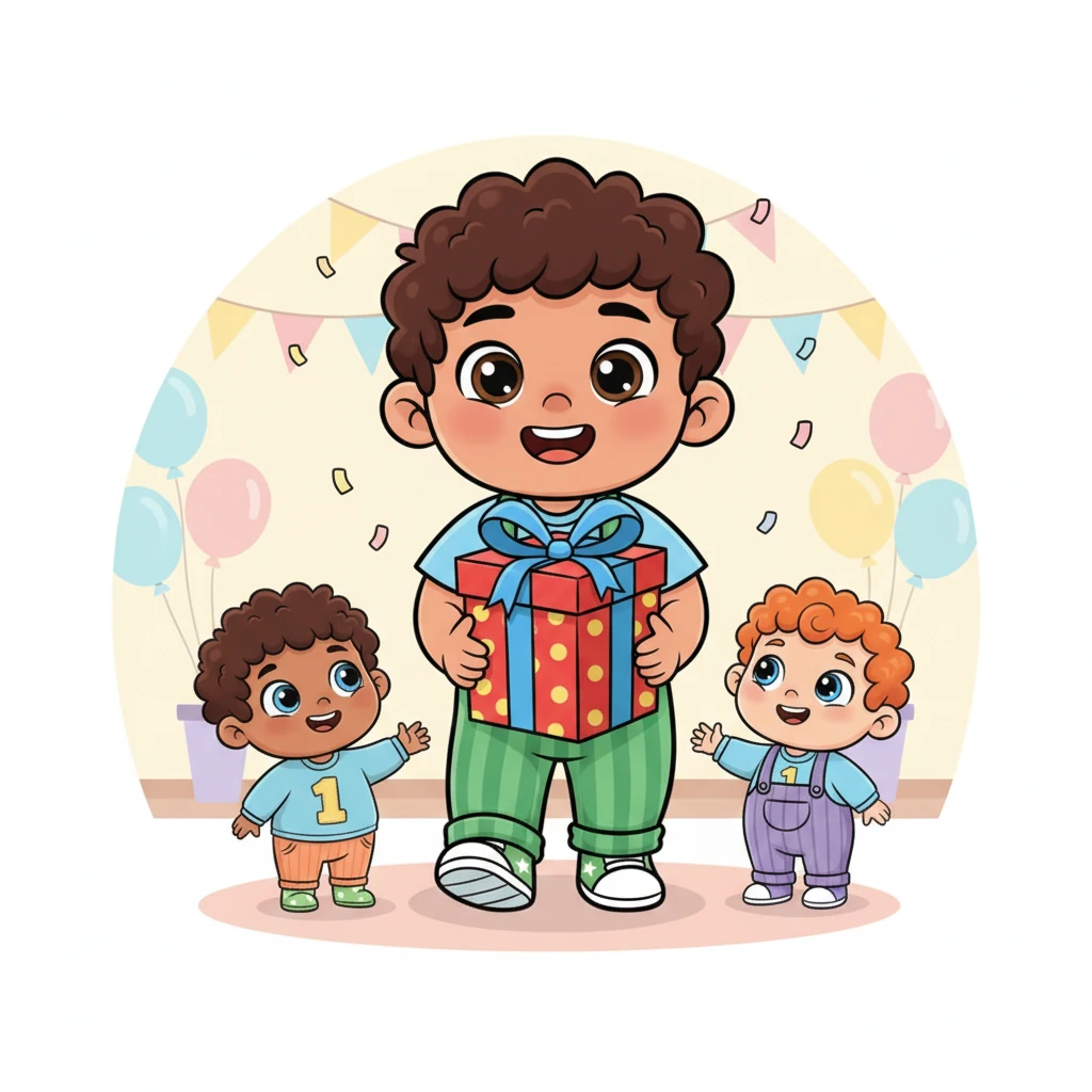 Dastan, the oldest at six, makes a grand entrance, proudly holding a gift box almost as big as himself. He has a mischievous twinkle in his eye, ready to lead the games. All the little ones look up at him with admiration.