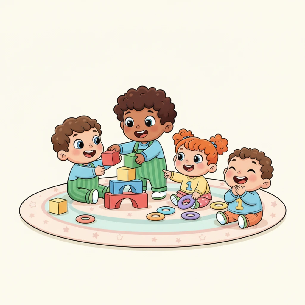 All the friends are now gathered, playing happily with soft blocks and colorful rings on a big, soft rug. Usman helps the younger ones stack the blocks, while Aiym points at the bright colors. Laughter fills the air.