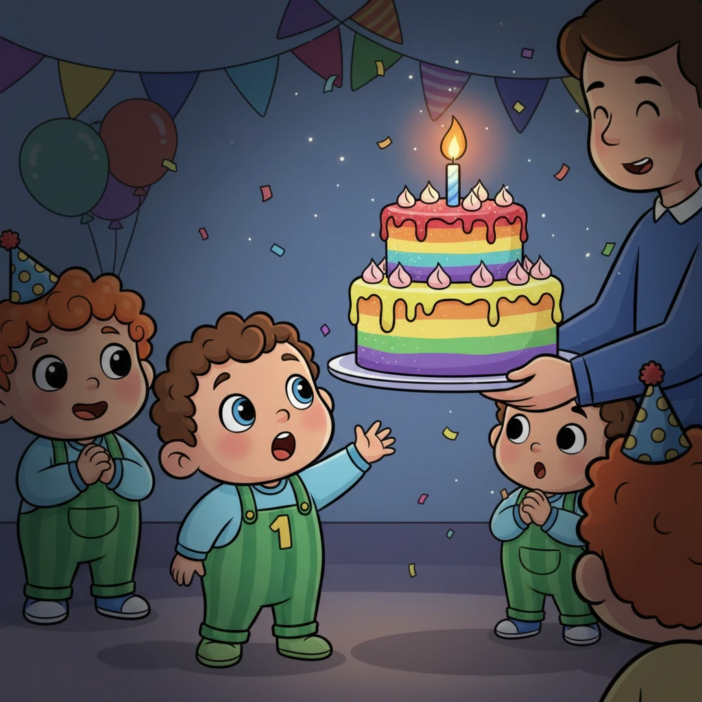 Suddenly, the lights dim, and a magnificent, rainbow-colored birthday cake is carried in, glowing with a single, flickering candle. Everyone gasps in delight, their eyes fixed on the beautiful dessert. Nurislam reaches out a tiny hand towards the flame.