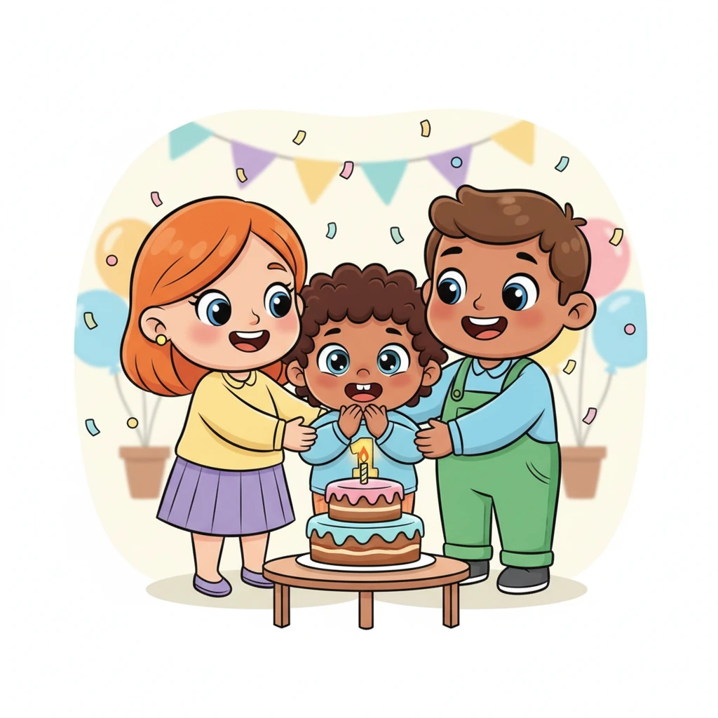 Everyone gathers around the cake, singing "Happy Birthday" loudly and joyfully. Nurislam claps his hands to the rhythm, his face beaming with pure happiness. His parents help him make a wish and blow out the candle.