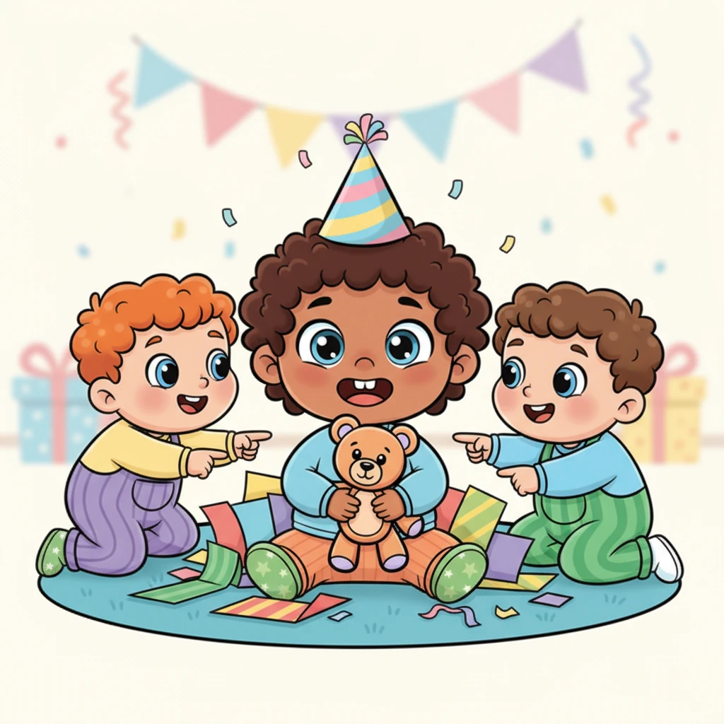 It's present time! Nurislam carefully unwraps a gift, revealing a cuddly teddy bear with big, friendly eyes. He gives the bear a gentle hug, his favorite new friend. The other children excitedly point at the new toy.