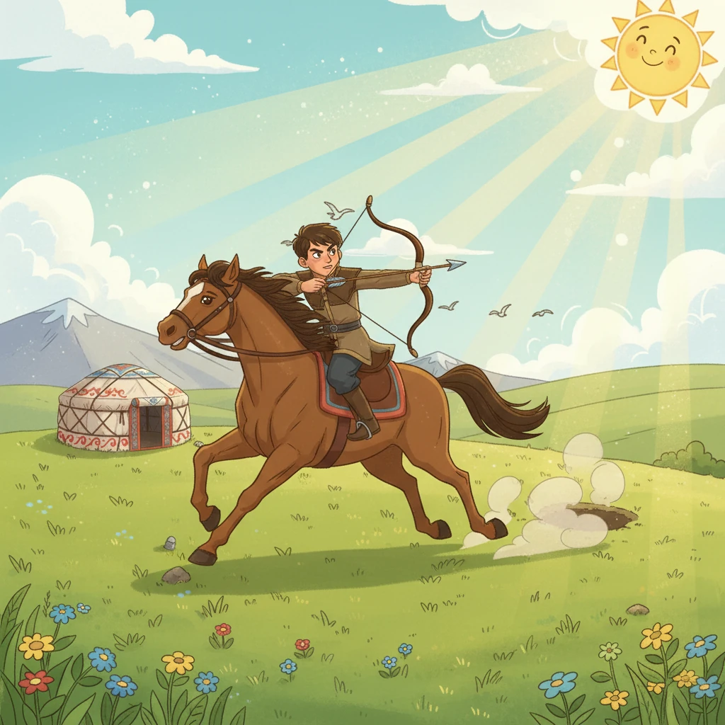 Қобыланды жас кезінде садақ атып, атқа мініп шауып жүр. Оның көзінде батылдық оты жанып тұр, далаға қарай ұмтылған.