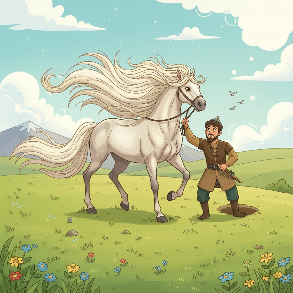 Қобыланды Тайбурыл атты қолға түсірді. Аттың жалы желбіреп, бұлттан да жүйріктей көрінеді.