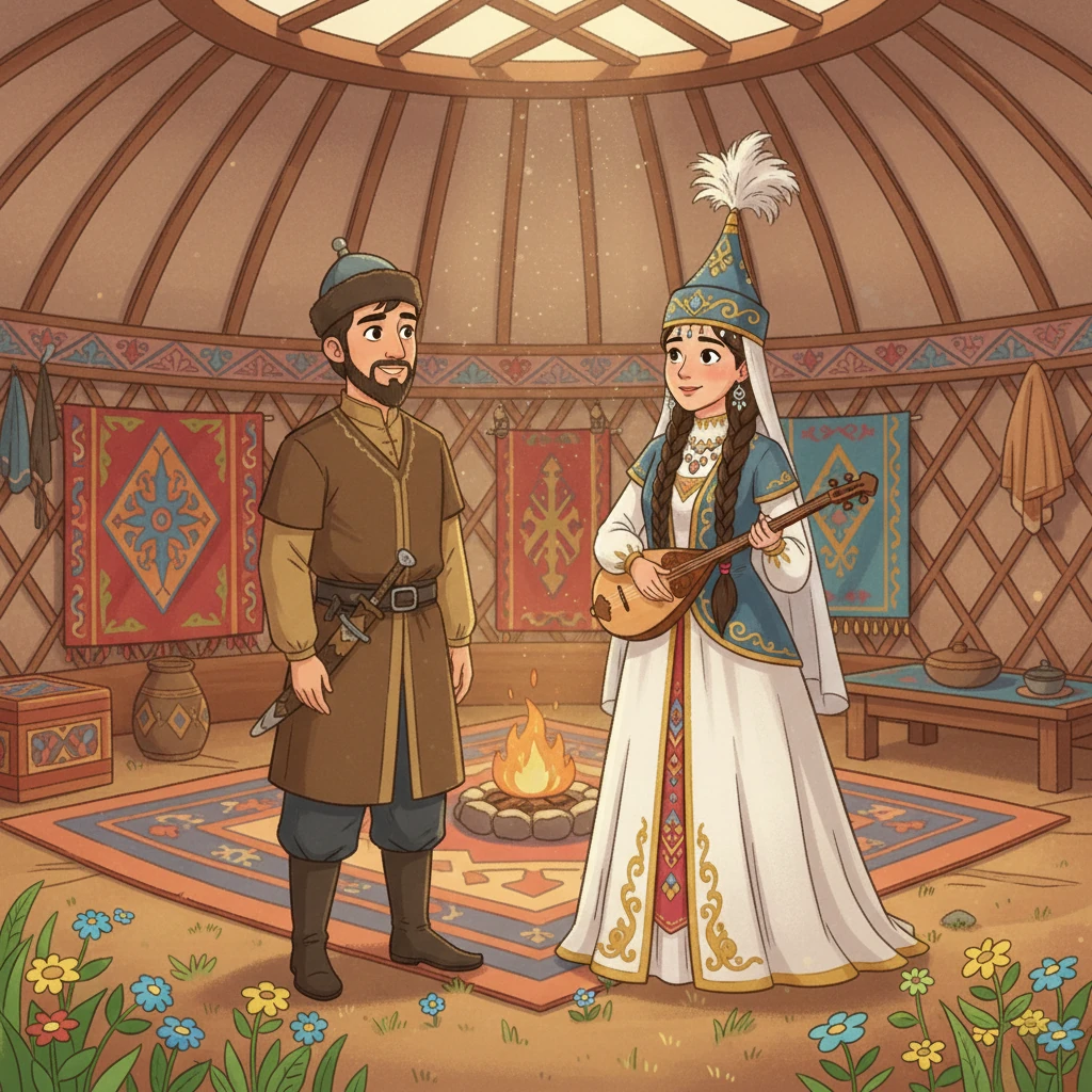 Қобыланды сұлу Құртқамен кездесті. Құртқа ақылды, көреген қыз, қолында домбырасы бар.