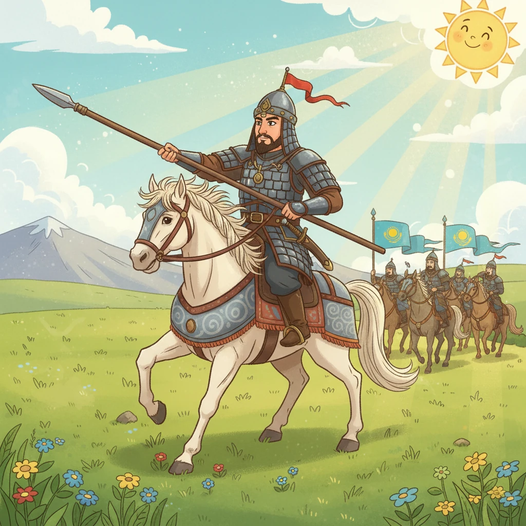 Қобыланды жауынгерлік сауытын киіп, қолына найза ұстап, Тайбурылмен аттанды. Артында сарбаздары мен тулары желбіреп тұр.