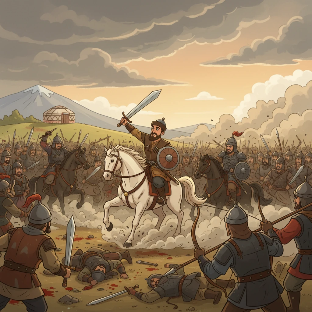 Қобыланды мен Қазан ханның әскері арасында қанды шайқас өтті. Қобыланды ерлікпен соғысып, жауды жеңді.