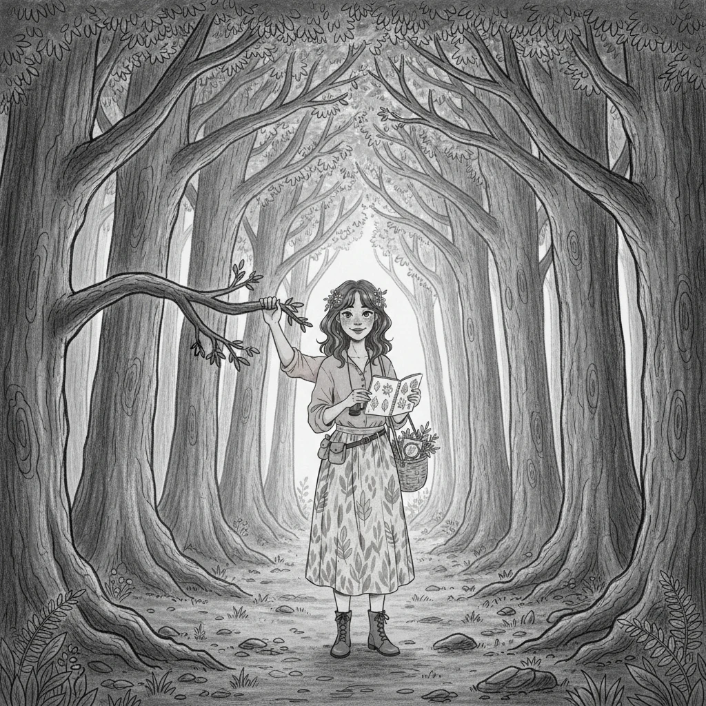 With a determined breath, Elara stepped into the cool embrace of the woods. Towering trees, their branches interlaced like a grand archway, filtered the sunlight into dappled patterns on the forest floor. The air was fresh with the scent of damp earth and pine, welcoming her deeper.