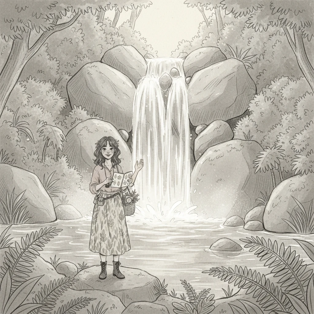 Deeper within, she discovered a beautiful waterfall, its elegant cascade tumbling over moss-covered rocks into a crystal-clear pool. The water's movement was captured with flowing, dynamic lines, contrasting with the stillness of the surrounding ferns. A gentle mist rose, catching the faint light.