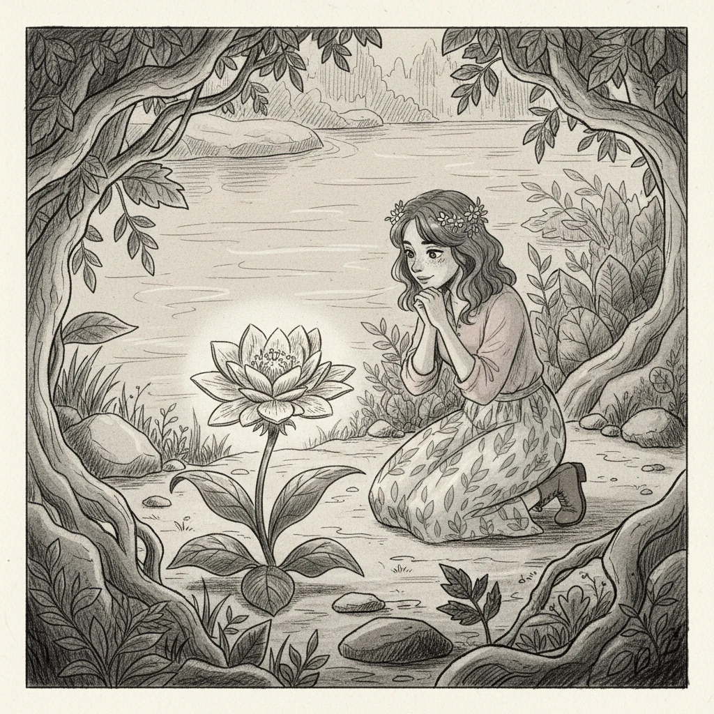 Near the water's edge, an amazing flower bloomed, its petals unfurling in an intricate, almost otherworldly pattern. It glowed subtly amidst the shadowed undergrowth, its delicate structure drawn with precise, fine lines. Elara knelt, captivated by its unique beauty.