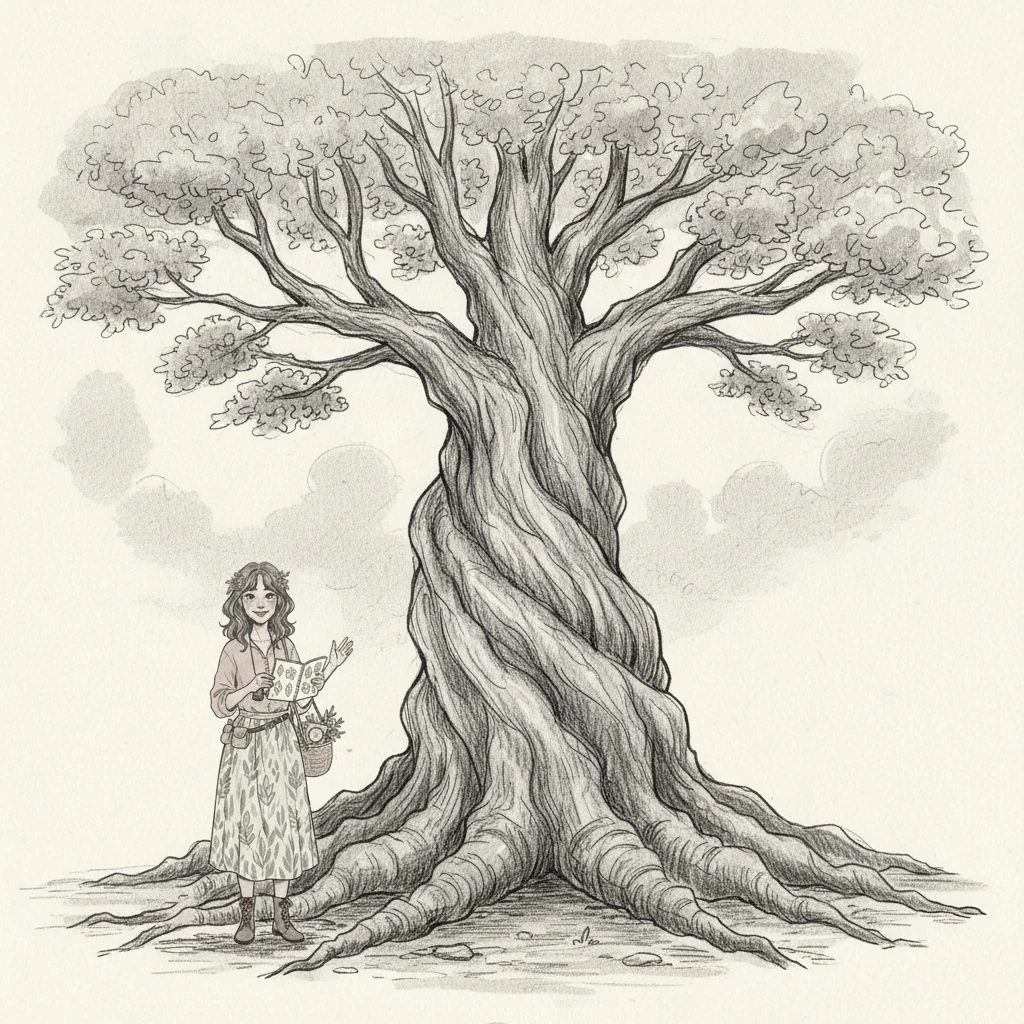 Further still, she encountered a great ancient oak, its colossal trunk spiraling upwards, its branches reaching like gnarled arms towards the sky. Its bark was a tapestry of deep furrows and textures, telling tales of centuries past. Roots, thick as her body, snaked across the ground.