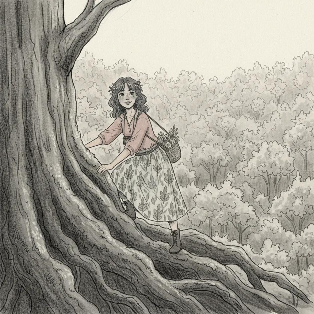 Elara carefully climbed onto one of its vast, moss-covered roots, feeling the rough, cool surface beneath her hands. From this vantage point, she saw the forest canopy stretching endlessly around her, a sea of leaves in varying shades of gray. A sense of peace settled over her.