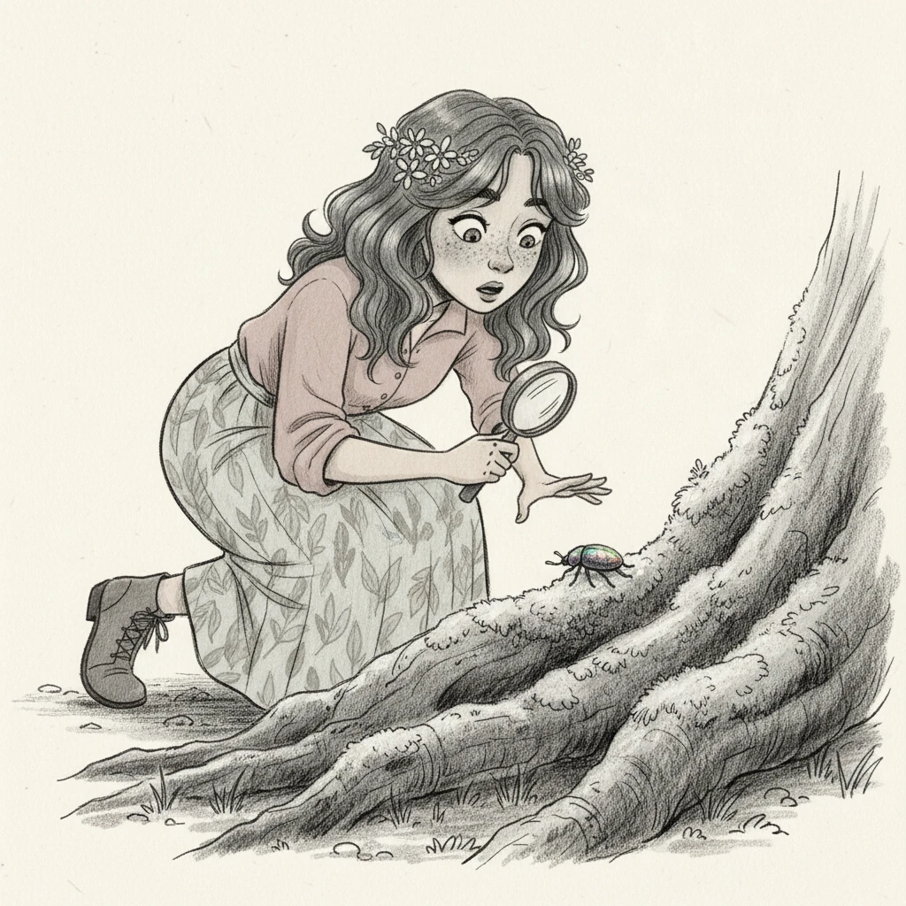 As she peered closer at the root's intricate surface, a tiny, iridescent beetle, previously camouflaged, suddenly scurried across the bark. Elara was surprised by its sudden appearance, her eyes widening slightly in delightful wonder at the miniature life. Its shell glistened faintly.