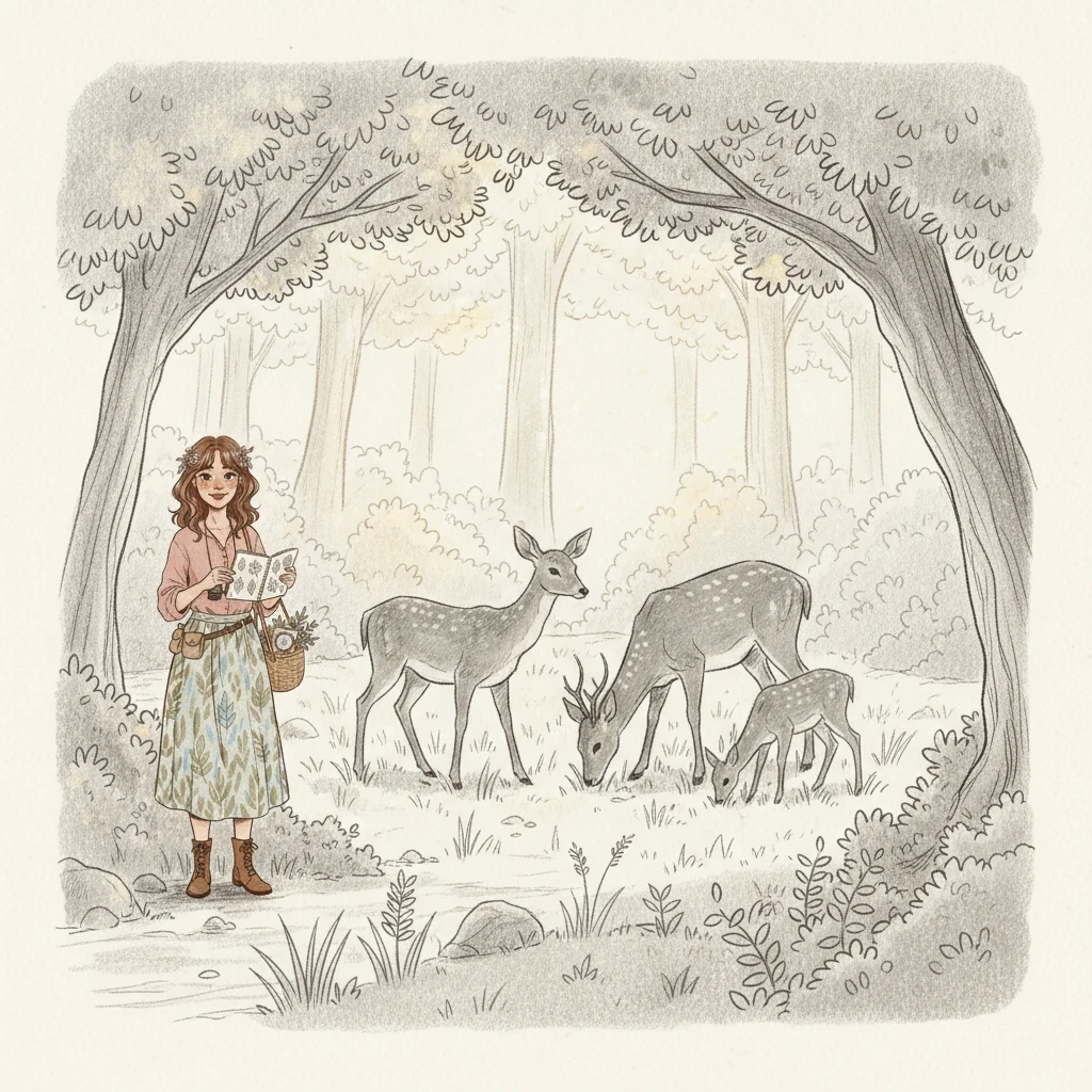 Following a faint trail, she entered a sun-dappled glade where a family of deer grazed peacefully. Their elegant forms were sketched with graceful lines, their movements fluid and silent. The light filtered through the leaves, creating a magical, ethereal glow around them.