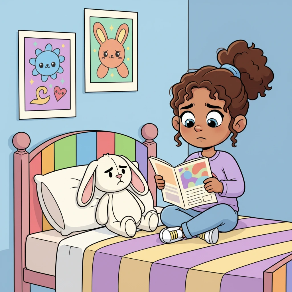 Lily sat on her brightly colored bed, a small frown creasing her brow as she looked at a pamphlet. Her favorite stuffed animal, a floppy-eared bunny, sat beside her, seemingly sharing her quiet worry. The vibrant posters on her wall seemed to watch her, waiting for her decision.