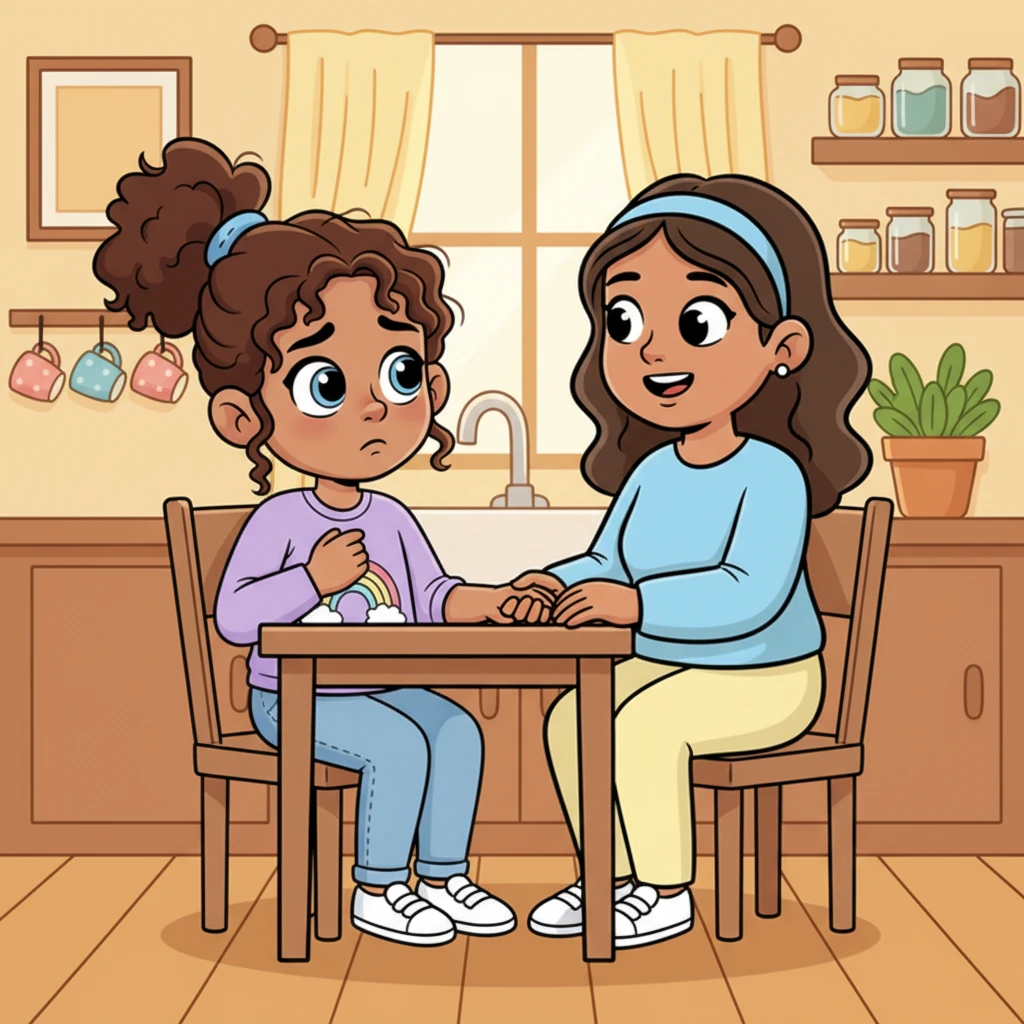 Later, in the cozy kitchen, Lily's mom gently explained the vaccine. She held Lily's hand, her expression kind and reassuring, helping to calm Lily's fluttering heart. The warm kitchen felt like a safe space for their important conversation.