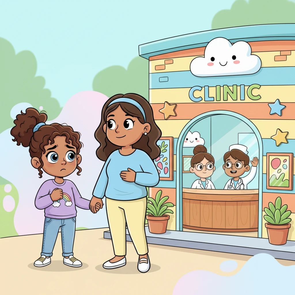 Hand-in-hand, Lily and her mom arrived at the clinic. The building was surprisingly cheerful, painted in bright, welcoming colors, with friendly faces peeking from behind the reception desk. Lily still felt a little fluttery, but the clinic's warmth made her feel a tiny bit better.