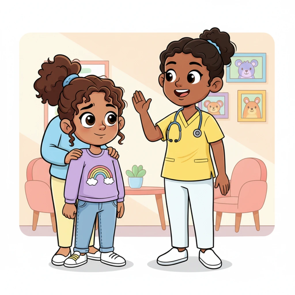 A nurse with a radiant smile and a uniform as bright as sunshine greeted them. Her kind eyes and warm demeanor instantly put Lily more at ease. The nurse's friendly wave made the clinic feel less scary and more like a helpful place.