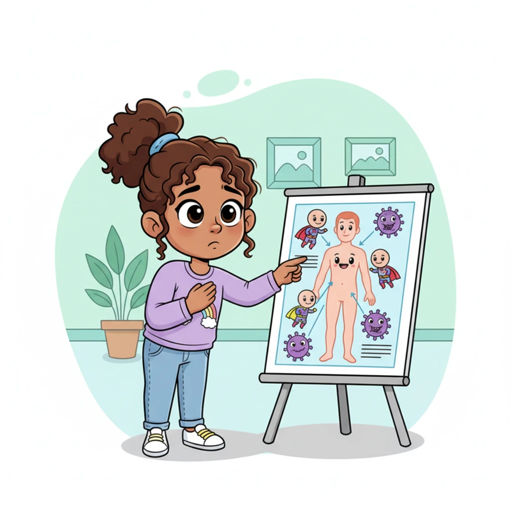 The nurse showed Lily a simple, colorful diagram of how vaccines work like tiny superheroes inside her body. Lily's eyes widened with curiosity, her initial worry slowly melting away as she understood the helpful science. The diagram made complex information easy to grasp.