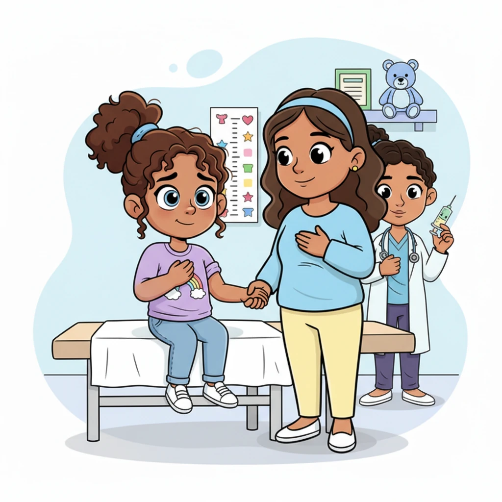 Lily bravely sat on the examination table, clutching her mom's hand tightly. The quick little shot was over in a blink, and she winced for just a second before a small, proud smile appeared on her face. Her courage shone through, making her feel strong.