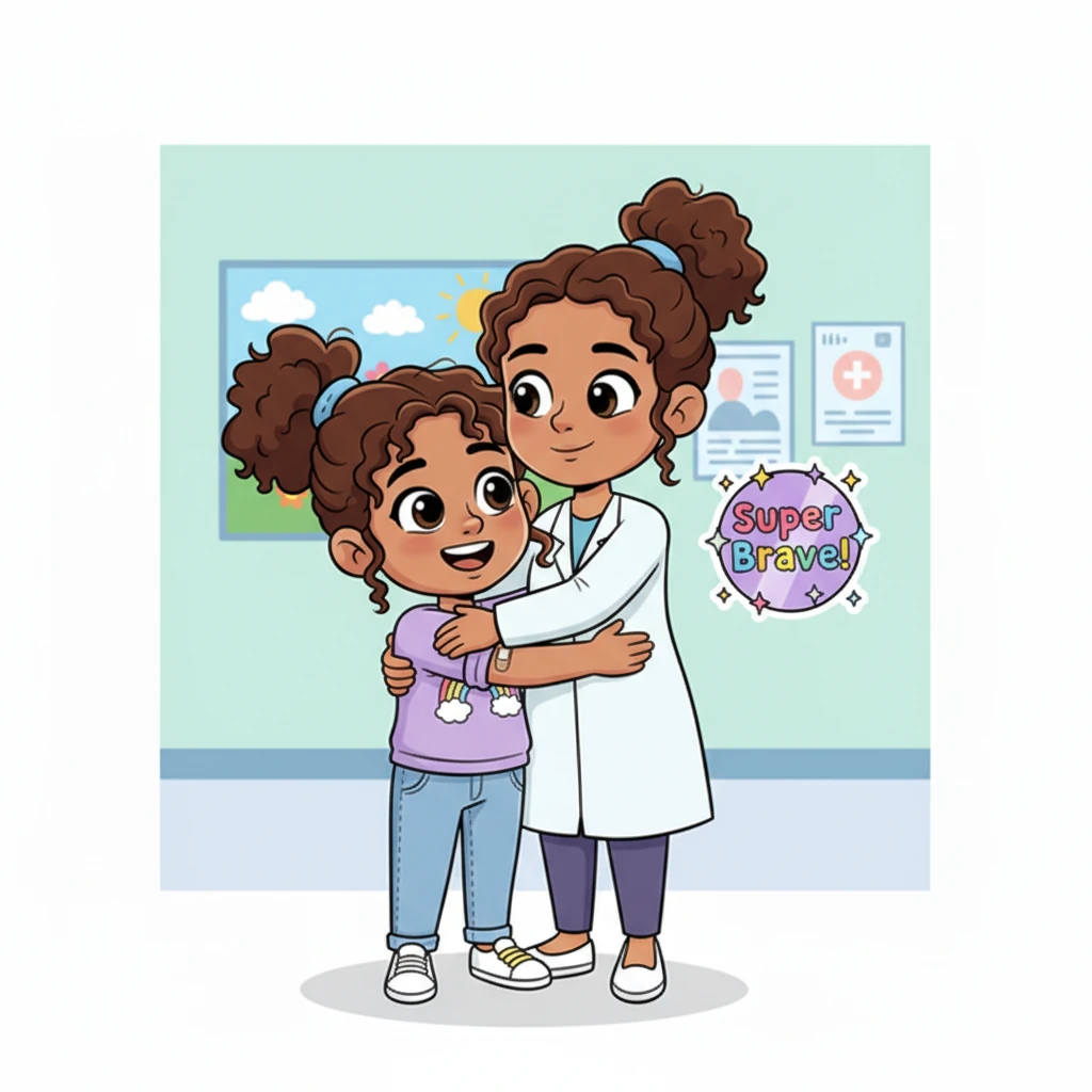 The nurse immediately handed Lily a shiny 'Super Brave!' sticker, sparkling with pride. Lily's grin grew wider as her mom gave her a comforting, celebratory hug. The sticker was a fun reward for her courageous decision.