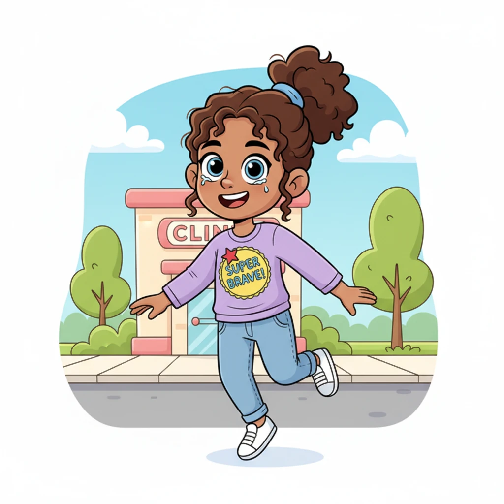 Skipping happily, Lily walked out of the clinic, her 'Super Brave!' sticker proudly displayed on her shirt. She felt a wonderful sense of relief and empowerment, knowing she had made a smart choice for her health. The world outside seemed brighter.