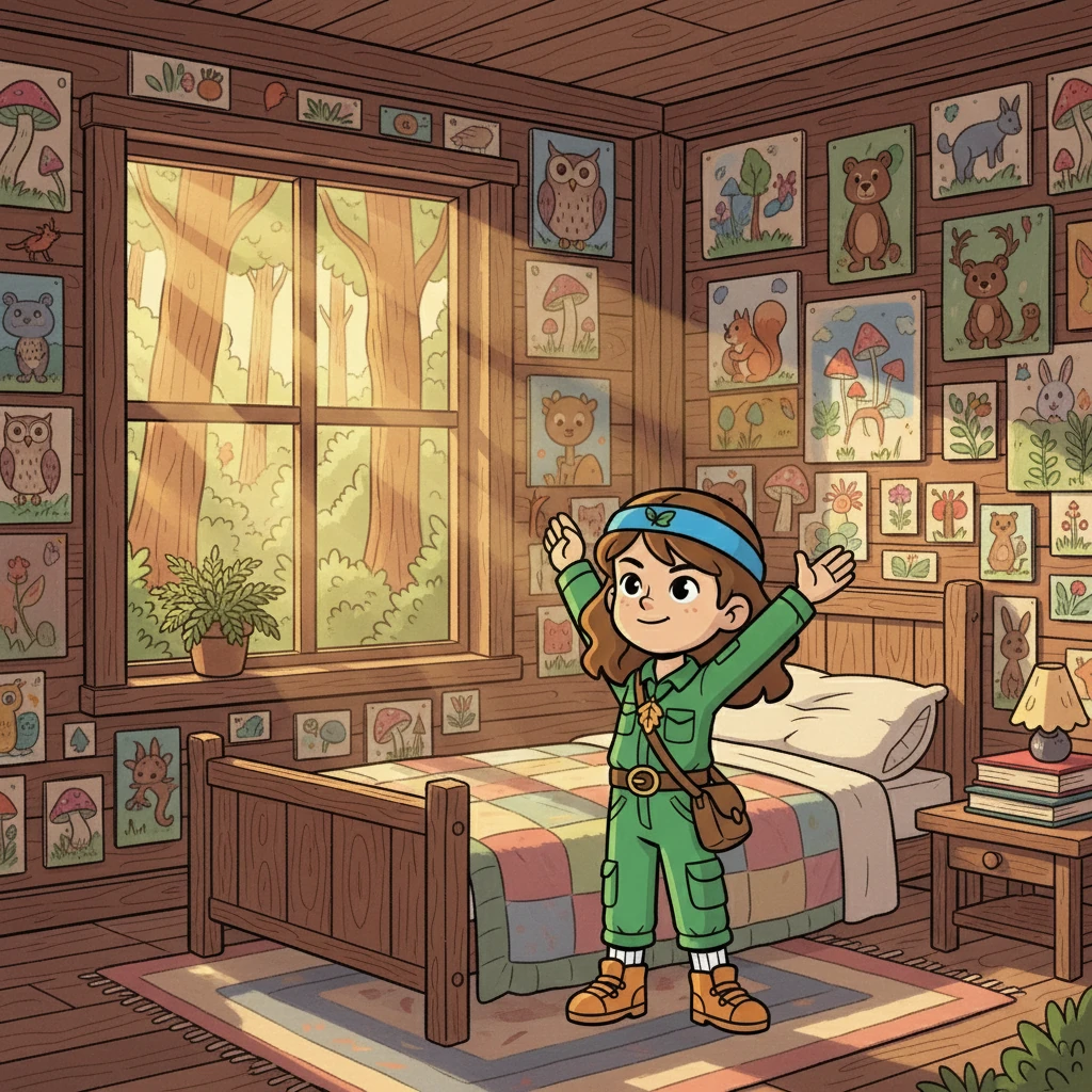 Mica, uma criança de cabelos castanhos e olhos curiosos, acordou em sua casa na floresta. A luz do sol entrava pelas janelas, iluminando seu quarto cheio de desenhos de animais e plantas. Ele se levantou, pronto para mais um dia de aventuras na floresta que ele tanto amava.