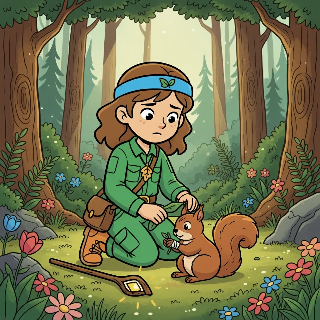 Na primeira cena, Mica encontrou um esquilo machucado no chão. O pequeno guardião, preocupado, correu para ajudar o amigo, usando suas habilidades de curandeiro da floresta. Ele pegou folhas macias e fez um curativo delicado na patinha do esquilo.