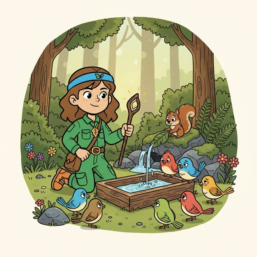 Eles encontraram um grupo de pássaros que pareciam tristes. Mica descobriu que faltava água para eles. Com a ajuda do esquilo e de seus conhecimentos sobre a floresta, Mica encontrou uma nascente escondida e construiu um bebedouro.