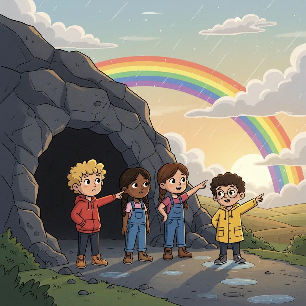 De repente, uma forte tempestade começou. Mica e seus amigos se abrigaram em uma caverna. Lá, eles conversaram e se uniram, mostrando que a amizade e o trabalho em equipe são importantes em momentos difíceis. A tempestade passou, e eles saíram para admirar o arco-íris.