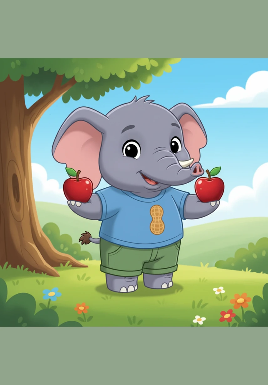 阳光明媚的早晨，小象波波在草地上发现了1个红苹果，接着又在树下找到了1个。现在波波手里有1加1等于2个好吃的苹果，他开心得甩起了长鼻子。