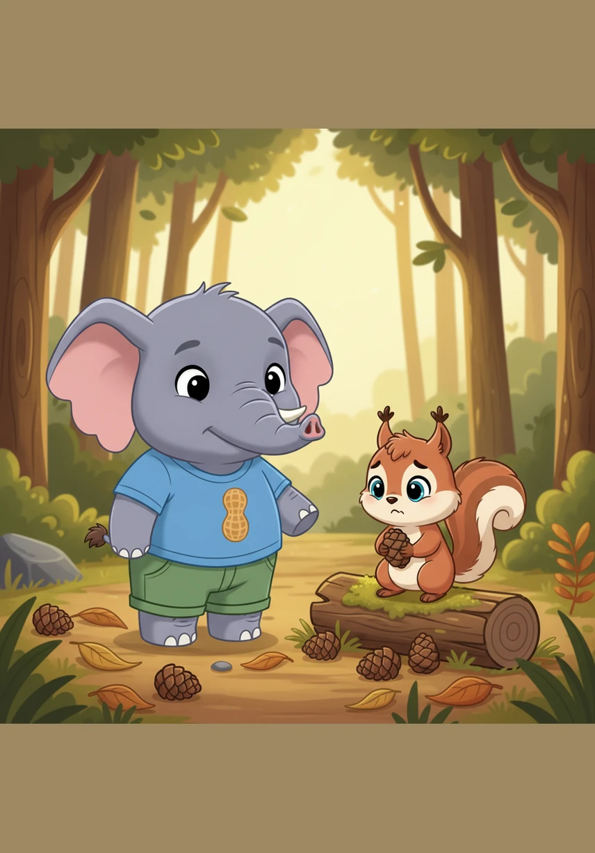 波波在回家的路上遇到了好朋友小松鼠，路边有3颗圆滚滚的小松果，波波又帮它捡到了1颗。3加1等于4，小松鼠抱着4颗松果开心地跳进了树洞。