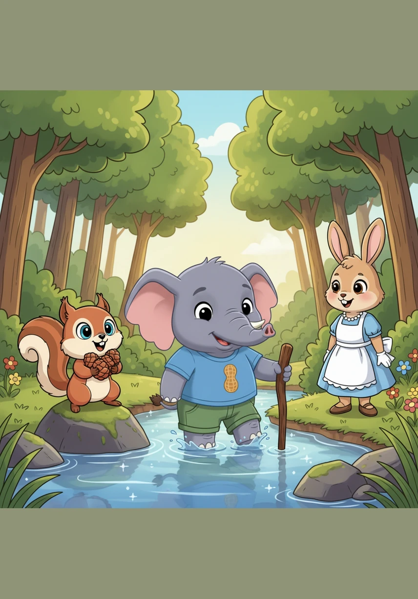 清澈的小溪挡住了去路，溪边有4块大石头和2块小石头，波波踩着它们稳稳地过了河。4加2等于6，这6块石头像小桥一样排列在水中。