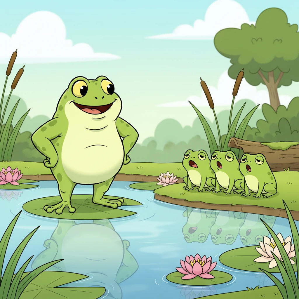 Magnus, a grand, emerald-green frog, puffed out his chest and admired his reflection in the shimmering pond. His eyes sparkled with pride as he boasted to his smaller, unimpressed frog friends, "Look how big I am! Aren't I the most handsome frog in all the land?" His friends merely croaked softly, having heard it all before.