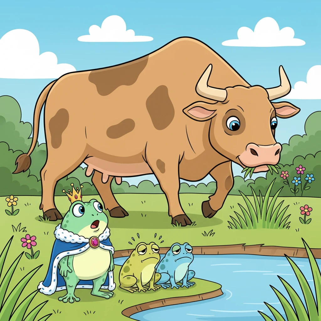Suddenly, a colossal, gentle ox ambled slowly past the pond, munching on sweet green grass. Magnus, startled by its size, turned to his friends, his proud smile faltering. "Am I... am I as big as that ox?" he croaked, but his friends, tired of his daily bragging, simply shook their heads with weary sighs.