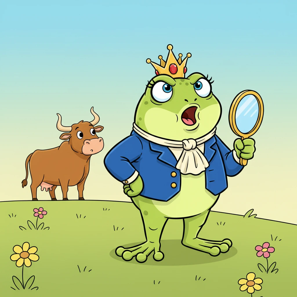 Magnus's face turned a furious shade of green. "Not as big as the ox? I'll show them!" he declared, taking a massive gulp of air. He began to puff himself up, his body swelling like a balloon, determined to prove his friends utterly wrong.