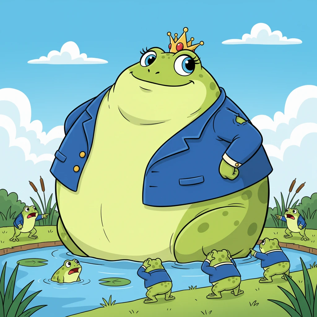 He huffed and he puffed, growing bigger and bigger, his skin stretching taut and round like a gigantic, wobbly beach ball. The smaller frogs hopped back in fear and amazement, calling out warnings that Magnus ignored, too caught up in his grand ambition. He was now truly enormous, almost filling the entire pond.