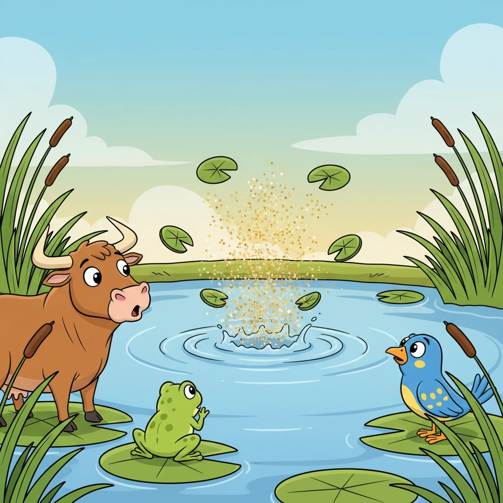 With one final, mighty puff, Magnus let out a tremendous "WHOOSH!" and then... POP! There was a gentle, cartoonish burst of sparkling dust and a scattering of lily pads, leaving an empty ripple in the water where the vain frog had once been. His friends stared at the spot, a mix of shock and quiet understanding on their faces.