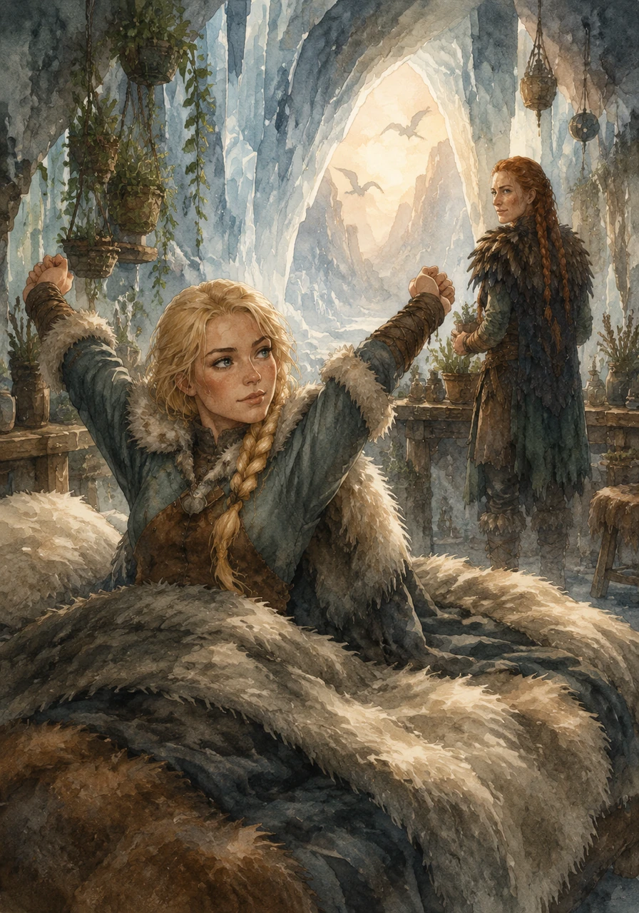 In the heart of Valka’s hidden ice sanctuary, Astrid woke to the soft glow of dawn filtering through the cavern walls. Her room was a peaceful blend of cold stone and vibrant life, where the chill of the North met the warmth of a home. She stretched beneath her heavy, fuzzy blankets, listening to the distant hum of dragons.
