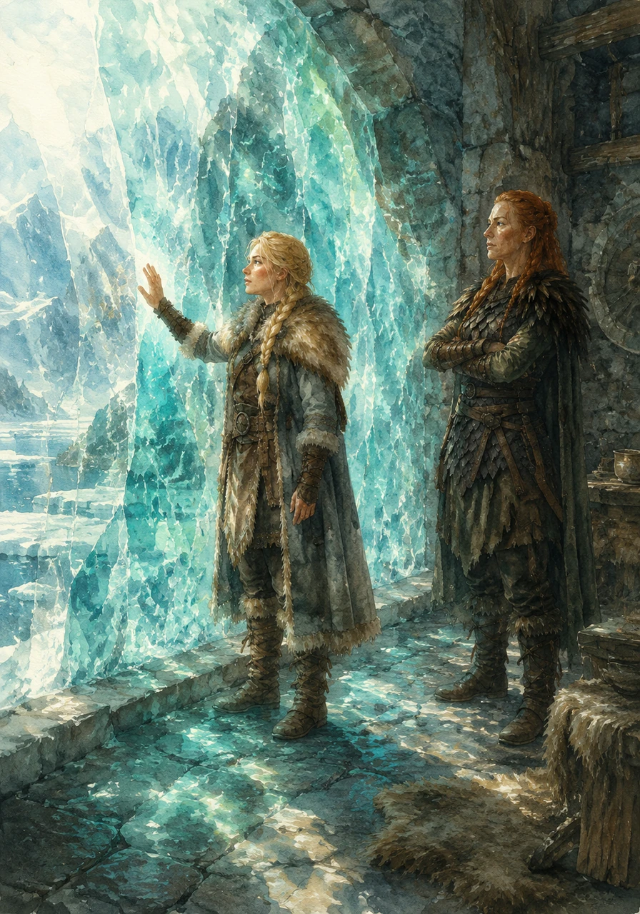 A massive wall of translucent teal ice dominated one side of the room, acting as a natural window to the frozen world outside. The morning sun danced through the ice, casting dancing turquoise shadows across the rugged stone floor. It was a magical sight that never failed to fill her with wonder.