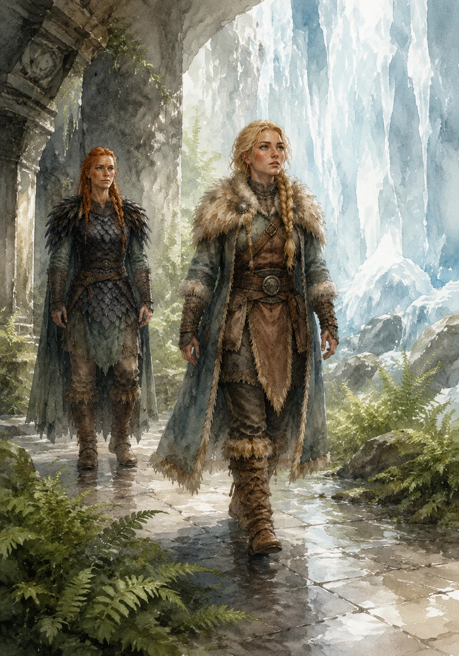 Astrid stepped onto the smooth stone floor, her boots clicking softly as she walked past clusters of bright green ferns. These resilient plants thrived in the sanctuary’s unique climate, their leaves reaching toward the light of the ice wall. The air smelled of fresh snow and damp earth.