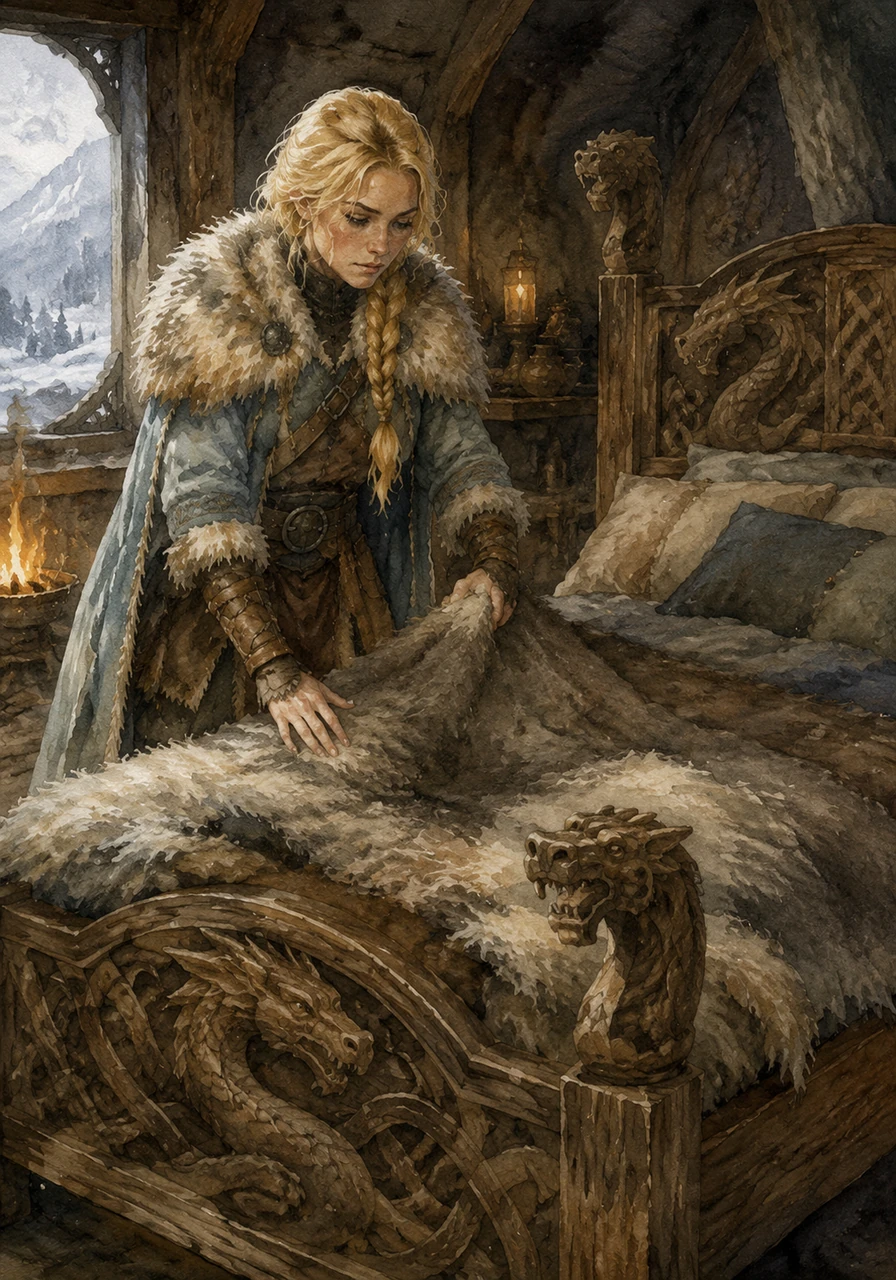 She approached her sturdy wooden Viking bed, smoothing out the thick furs that kept her warm during the freezing nights. Carved with intricate dragon motifs, the bed was her anchor in this vast, icy wilderness. Every knot in the wood told a story of craftsmanship and survival.