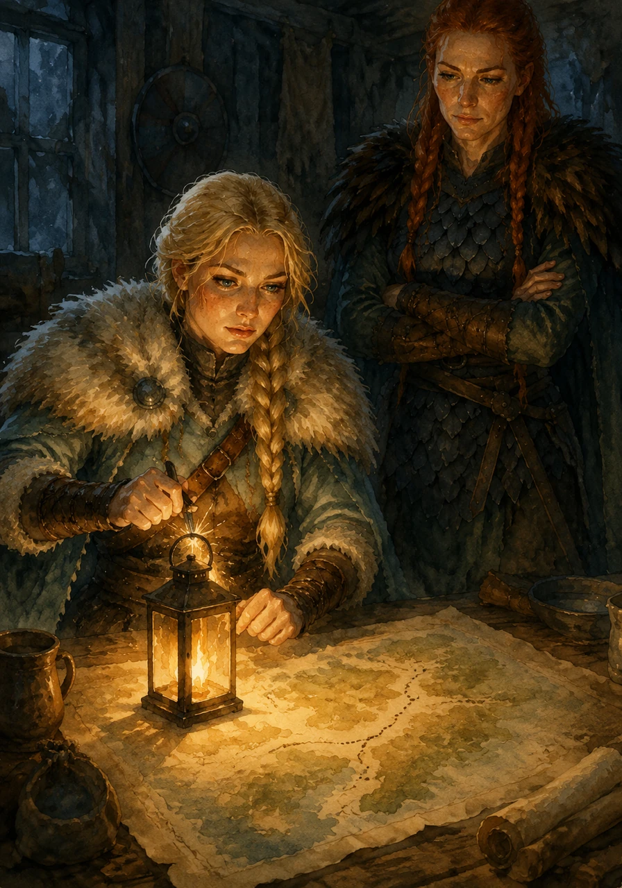 She struck a flint and lit the small iron lantern on her desk, its golden flame flickering against the blue-tinted shadows. The light revealed more details on the map, highlighting the path she intended to take today. Her heart raced with the quiet excitement of a new discovery.
